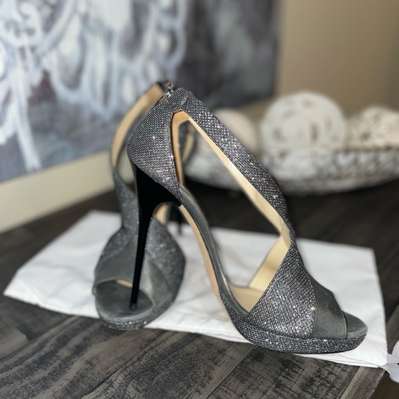 Jimmy Choo Anthracite Glitter & Leather Lame Crisscross Platform Sandals SZ 10 - Picture 6 of 9